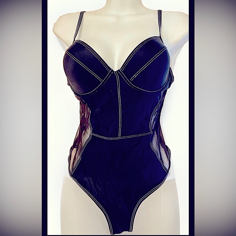 🖤SHEILAY🖤MESH-SIDES HIGH-CUT CHEEKY ADJUSTABLE STRAPS ONE PIECE SWIMSUIT NWT